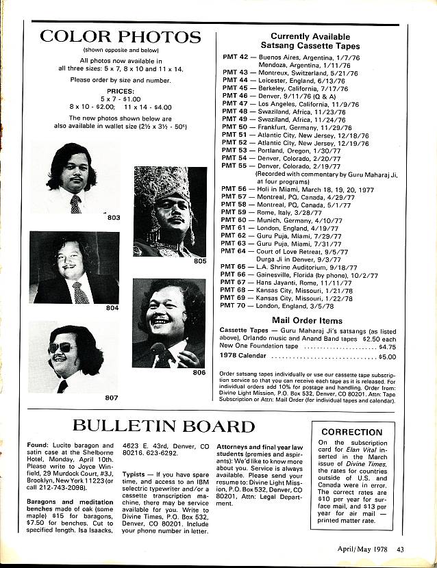 Prem Rawat (Maharaji) Photos For Sale in Divine Times Advertisements - April / May 1978