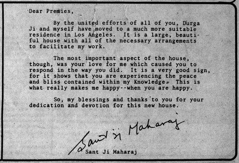 Prem Rawat Letter of Thanks