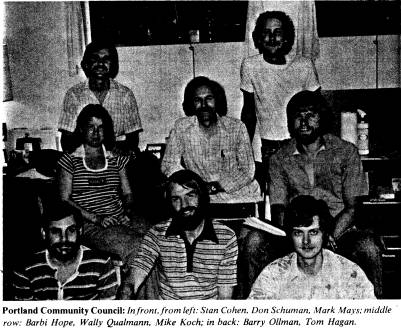 Portland Community Council: In front, from left: Stan Cohen, Don Schuman, Mark Mays; middle row: Barbi Hope, Wally Qualmann, Mike Koch; in back: Barry Ollman, Tom Hagan.