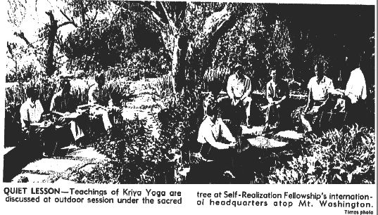 QUIET LESSON - Teachings of Kriya Yoga are discussed at outdoor session under the sacred tree at Self -Realization Fellowship's international headquarters atop Mt. Washington.